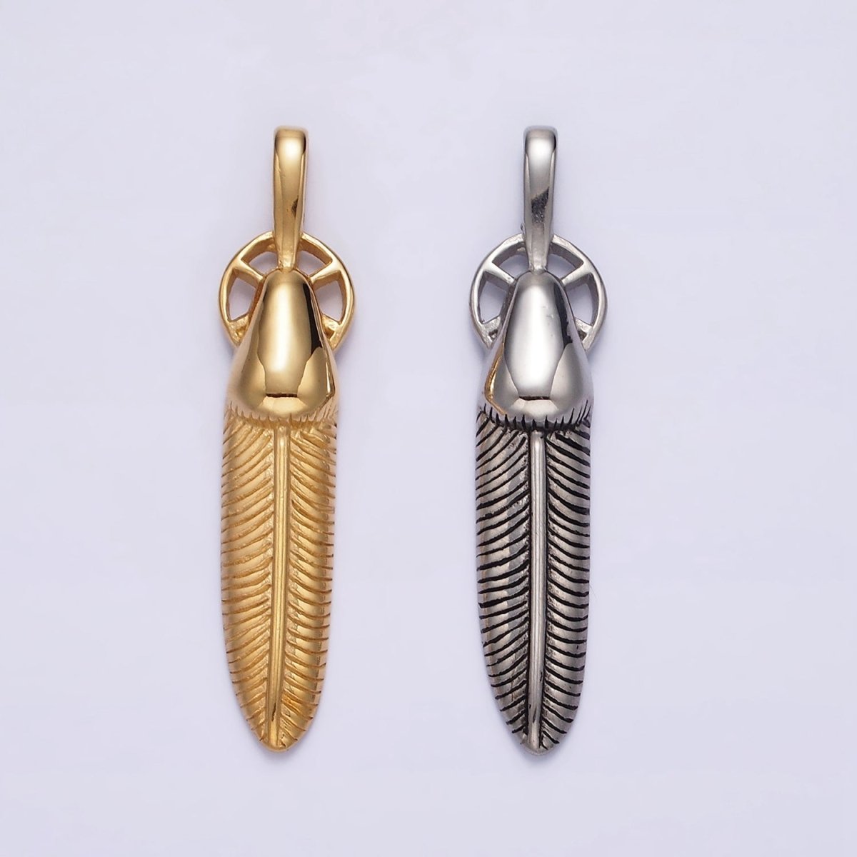 Stainless Steel 55.5mm Line-Textured Feather Open Round Pendant in Gold & Silver | P-718 P-719 - DLUXCA