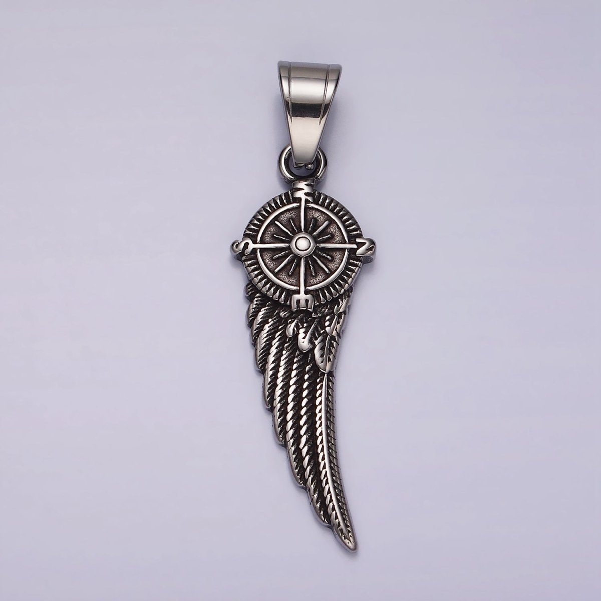 Stainless Steel 55mm Compass Angel Feather Wing Oxidized Pendant | P1180 - DLUXCA