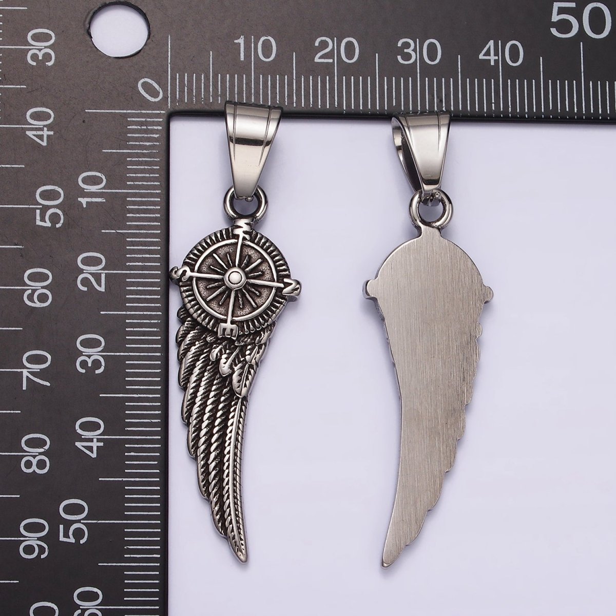 Stainless Steel 55mm Compass Angel Feather Wing Oxidized Pendant | P1180 - DLUXCA