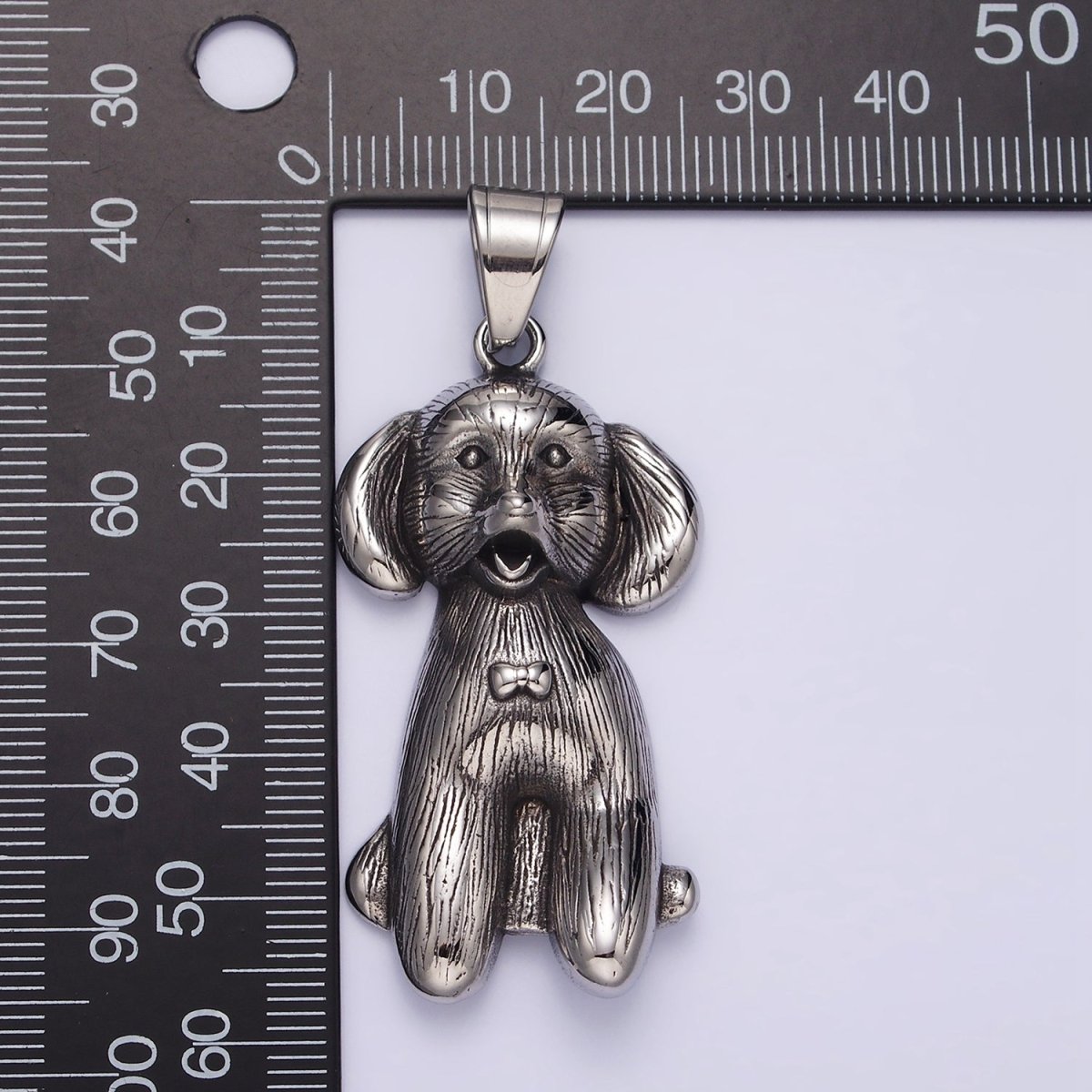 Stainless Steel 60mm Bow-Tied Puppy Dog Pet Textured Pendant | P-777 - DLUXCA