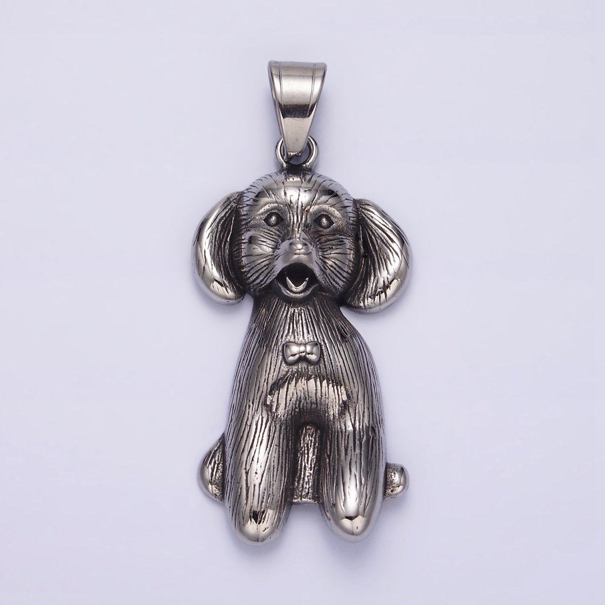 Stainless Steel 60mm Bow-Tied Puppy Dog Pet Textured Pendant | P-777 - DLUXCA