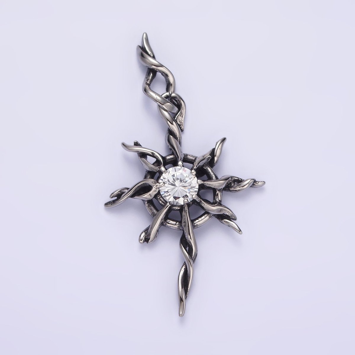 Stainless Steel 60mm Celestial Sun Star Clear CZ Twisted Ray Pendant | P-745 - DLUXCA