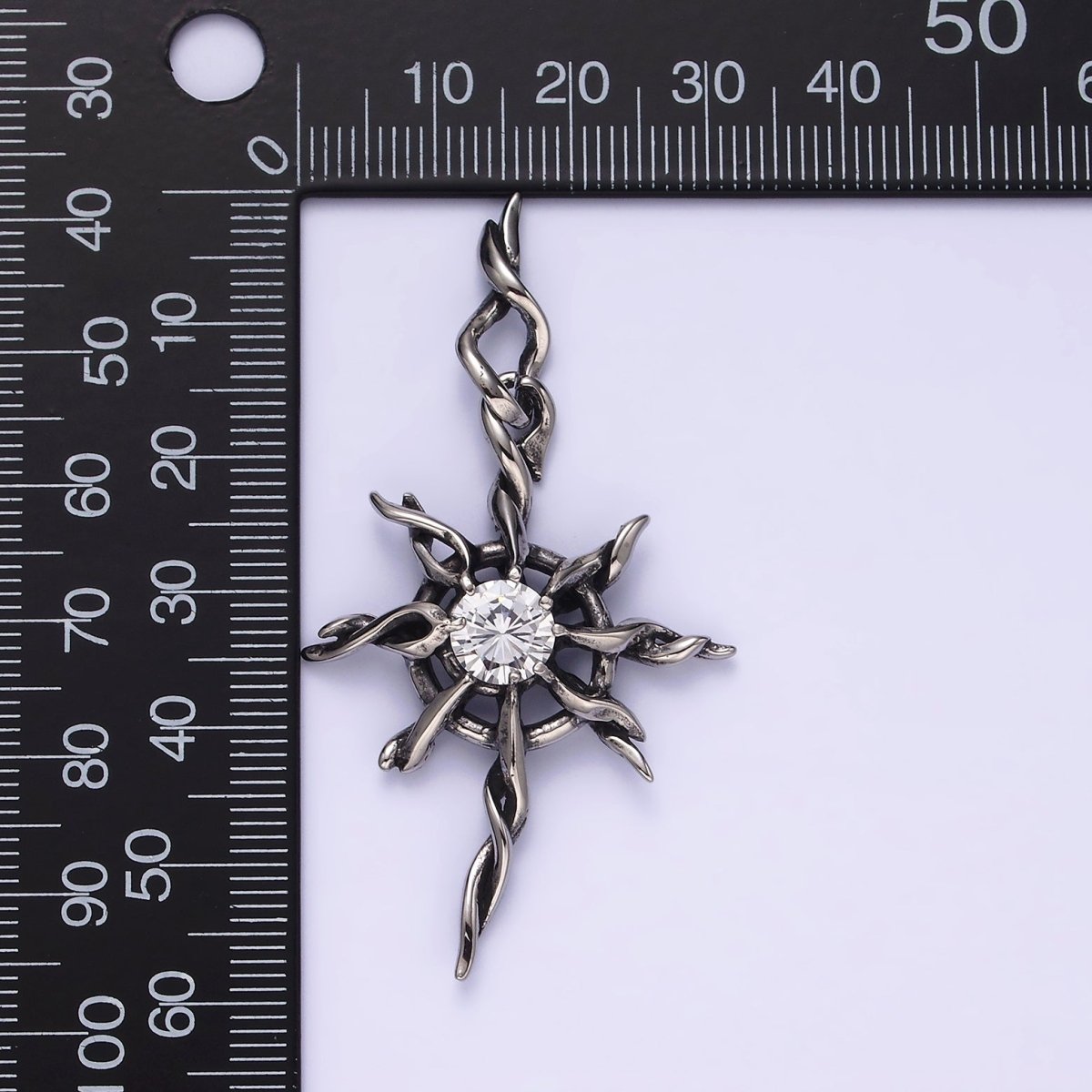 Stainless Steel 60mm Celestial Sun Star Clear CZ Twisted Ray Pendant | P-745 - DLUXCA