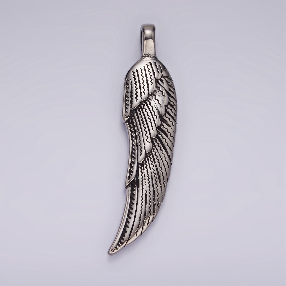 Stainless Steel 60mm Line-Textured Feather Angel Wing Oxidized Pendant | P876 - DLUXCA