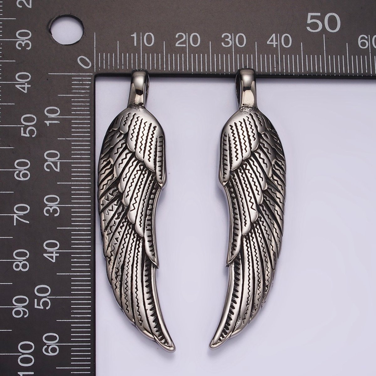 Stainless Steel 60mm Line-Textured Feather Angel Wing Oxidized Pendant | P876 - DLUXCA