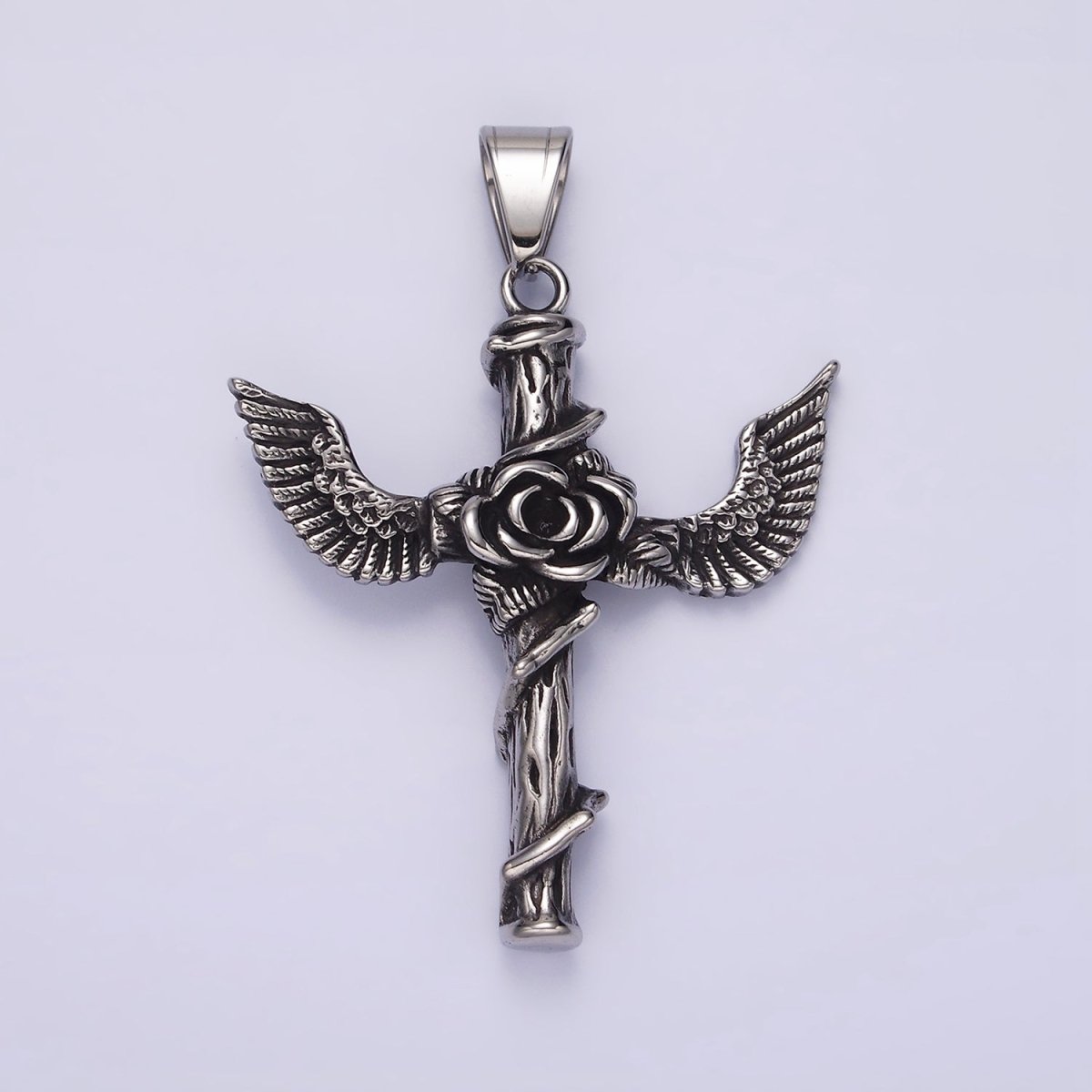 Stainless Steel 60mm Religious Cross Rose Flower Vine Wood Feather Wings Pendant | P-776 - DLUXCA