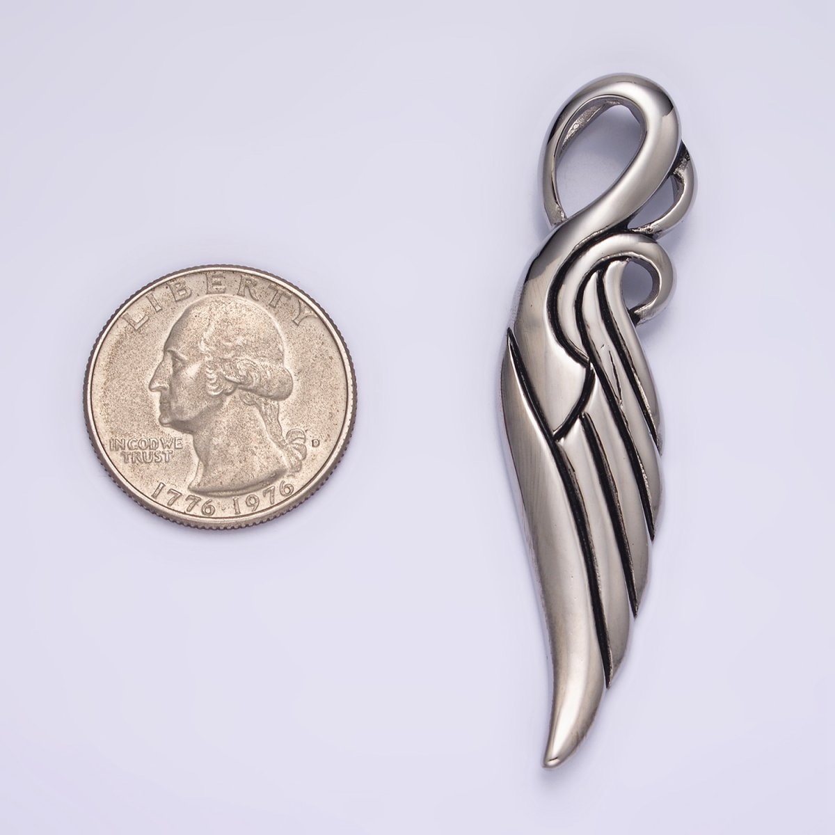 Stainless Steel 63mm Curved Lined Feather Wings Pendant | P-857 - DLUXCA