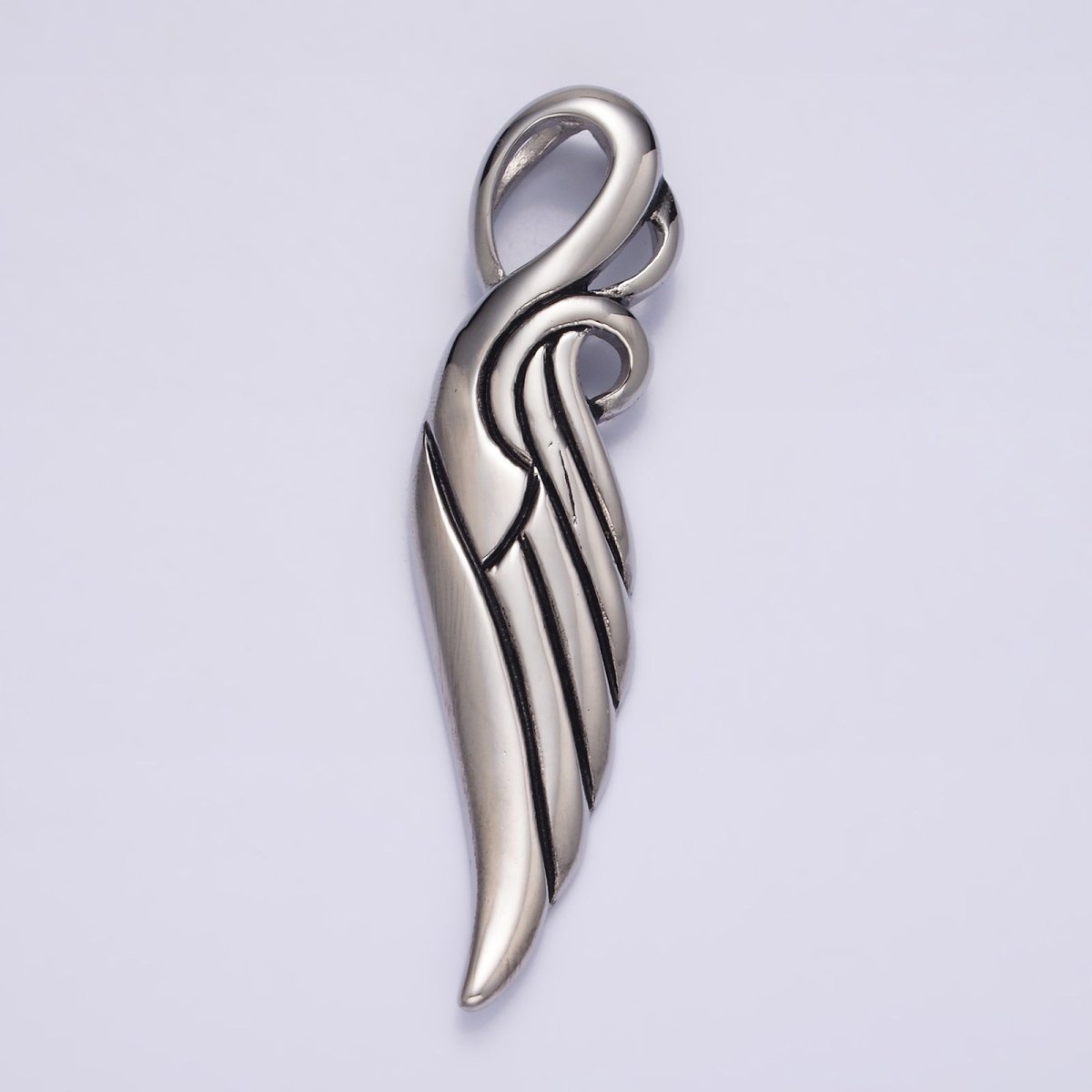 Stainless Steel 63mm Curved Lined Feather Wings Pendant | P-857 - DLUXCA