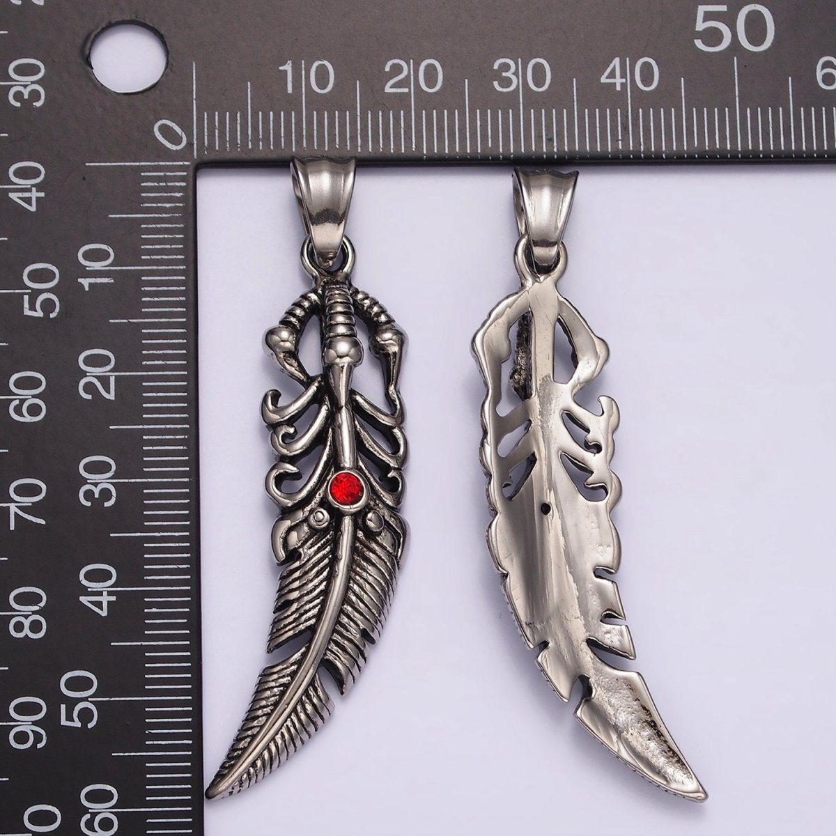 Stainless Steel 63mm Feather Charm Red Eye Long Statement Boho Oxidized Pendant | P871 - DLUXCA