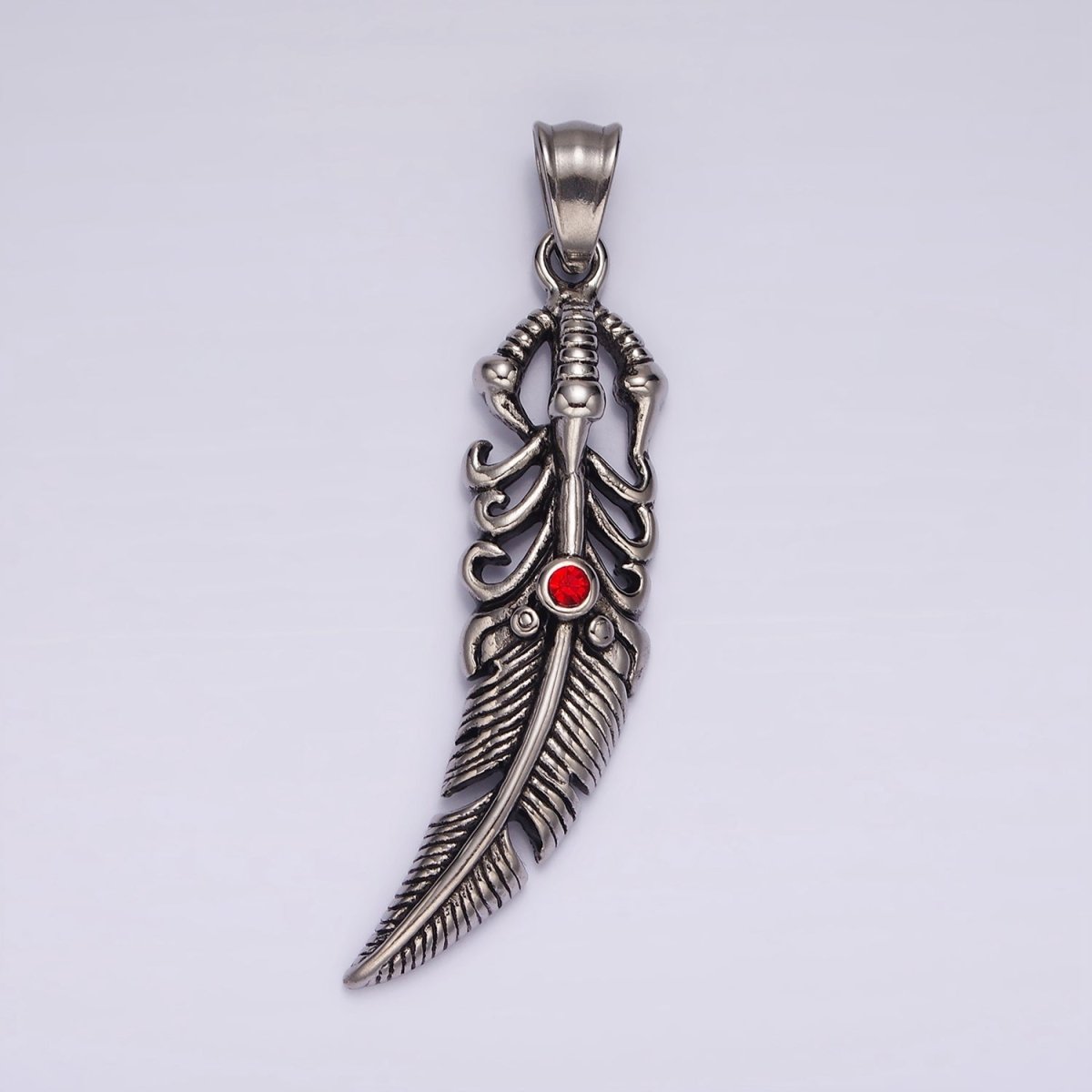 Stainless Steel 63mm Feather Charm Red Eye Long Statement Boho Oxidized Pendant | P871 - DLUXCA