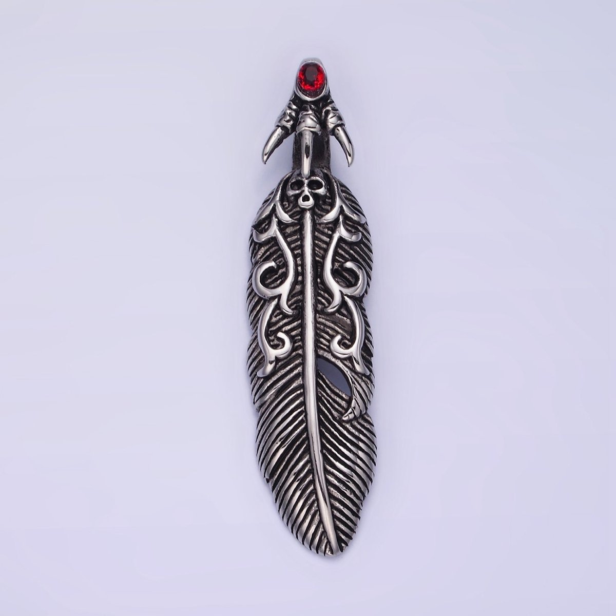 Stainless Steel 63mm Red CZ Feather Leaf Oxidized Pendant | P1390 - DLUXCA