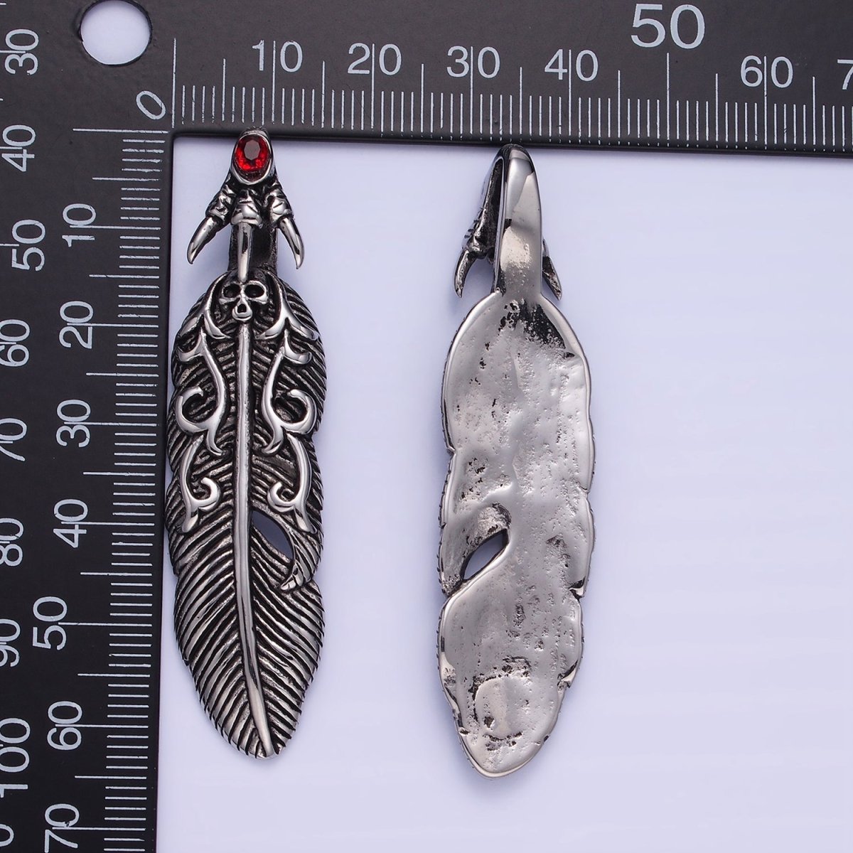 Stainless Steel 63mm Red CZ Feather Leaf Oxidized Pendant | P1390 - DLUXCA