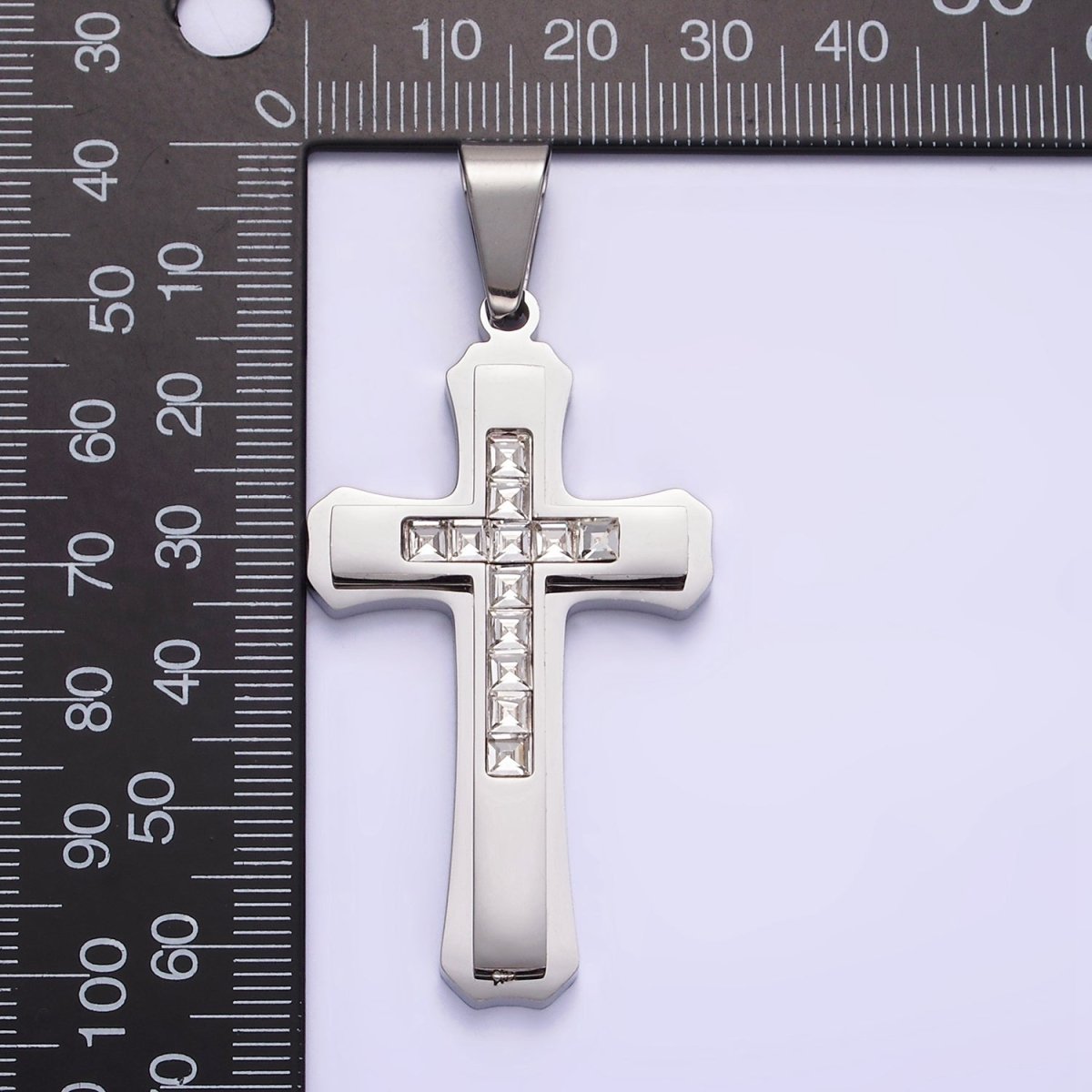 Stainless Steel 64mm Clear Square Baguette CZ Double Cross Outline Silver Pendant | P-710 - DLUXCA