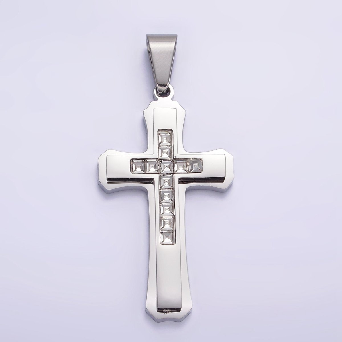 Stainless Steel 64mm Clear Square Baguette CZ Double Cross Outline Silver Pendant | P-710 - DLUXCA