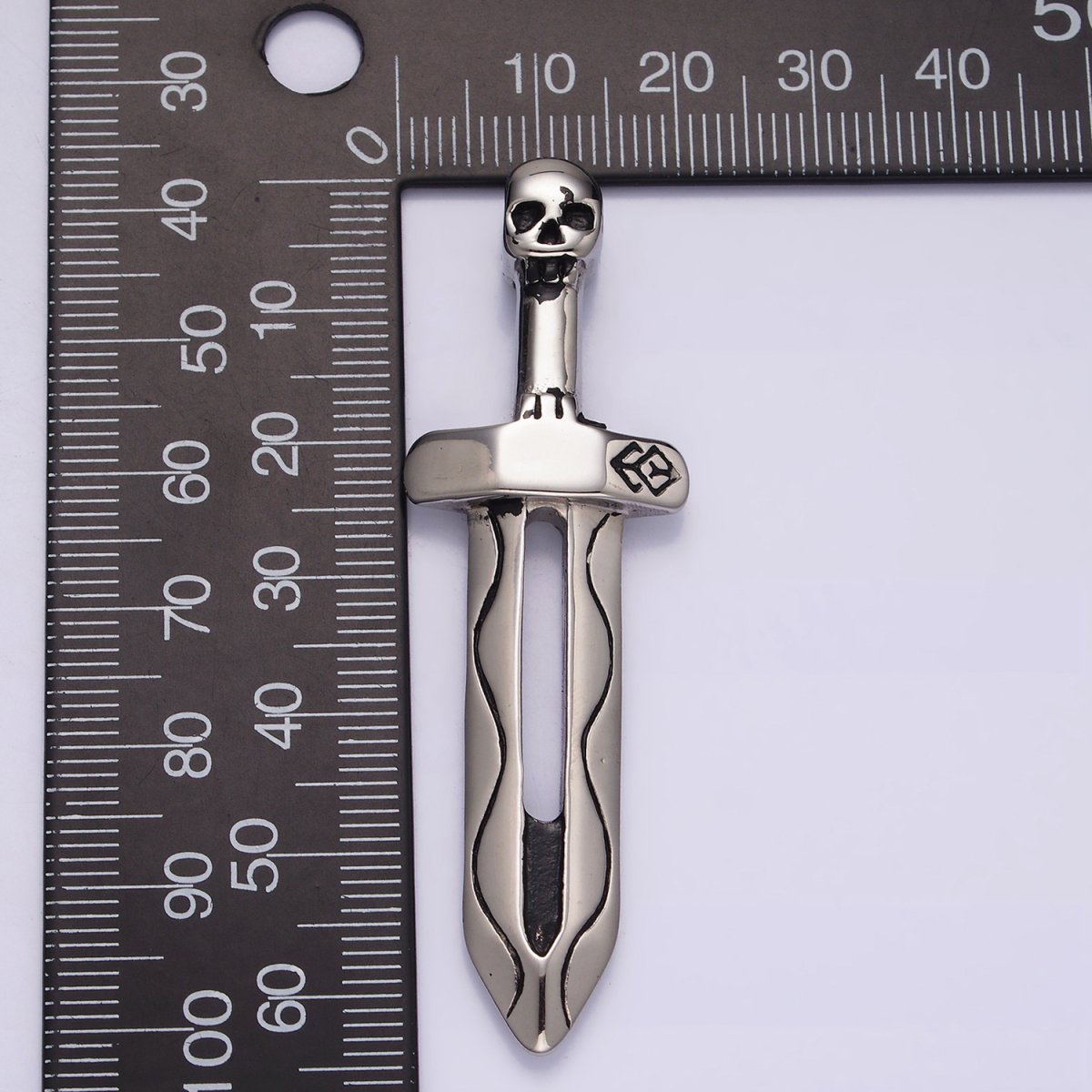 Stainless Steel 64mm Lined Open Sword Skull Head Handle Charm P-614 - DLUXCA