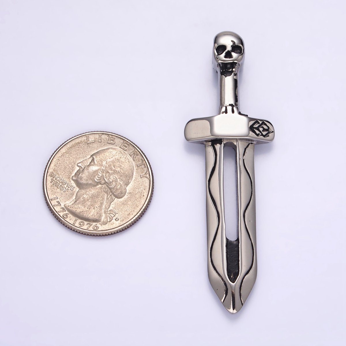 Stainless Steel 64mm Lined Open Sword Skull Head Handle Charm P-614 - DLUXCA