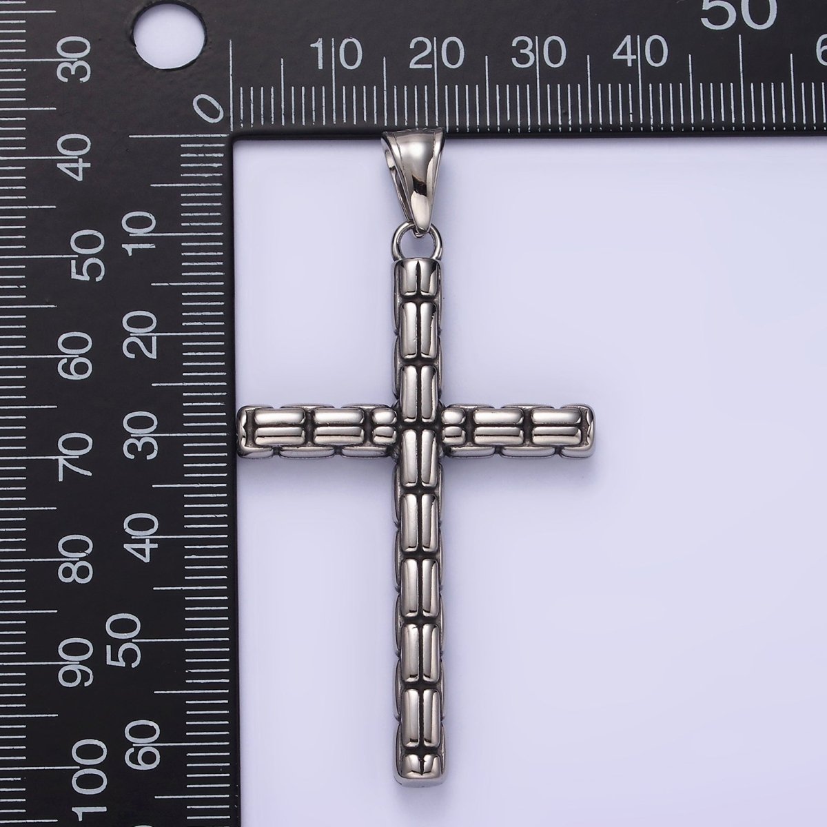 Stainless Steel 64mm Religious Latin Cross Bar Line-Textured Pendant | P-741 - DLUXCA