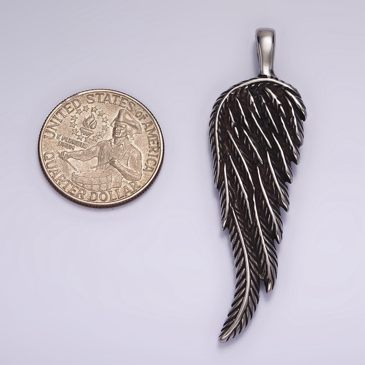 Stainless Steel 65mm Line-Textured Angel Wing Feather Oxidized Pendant | P868 - DLUXCA