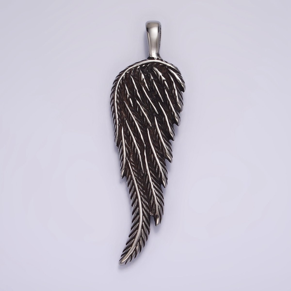 Stainless Steel 65mm Line-Textured Angel Wing Feather Oxidized Pendant | P868 - DLUXCA