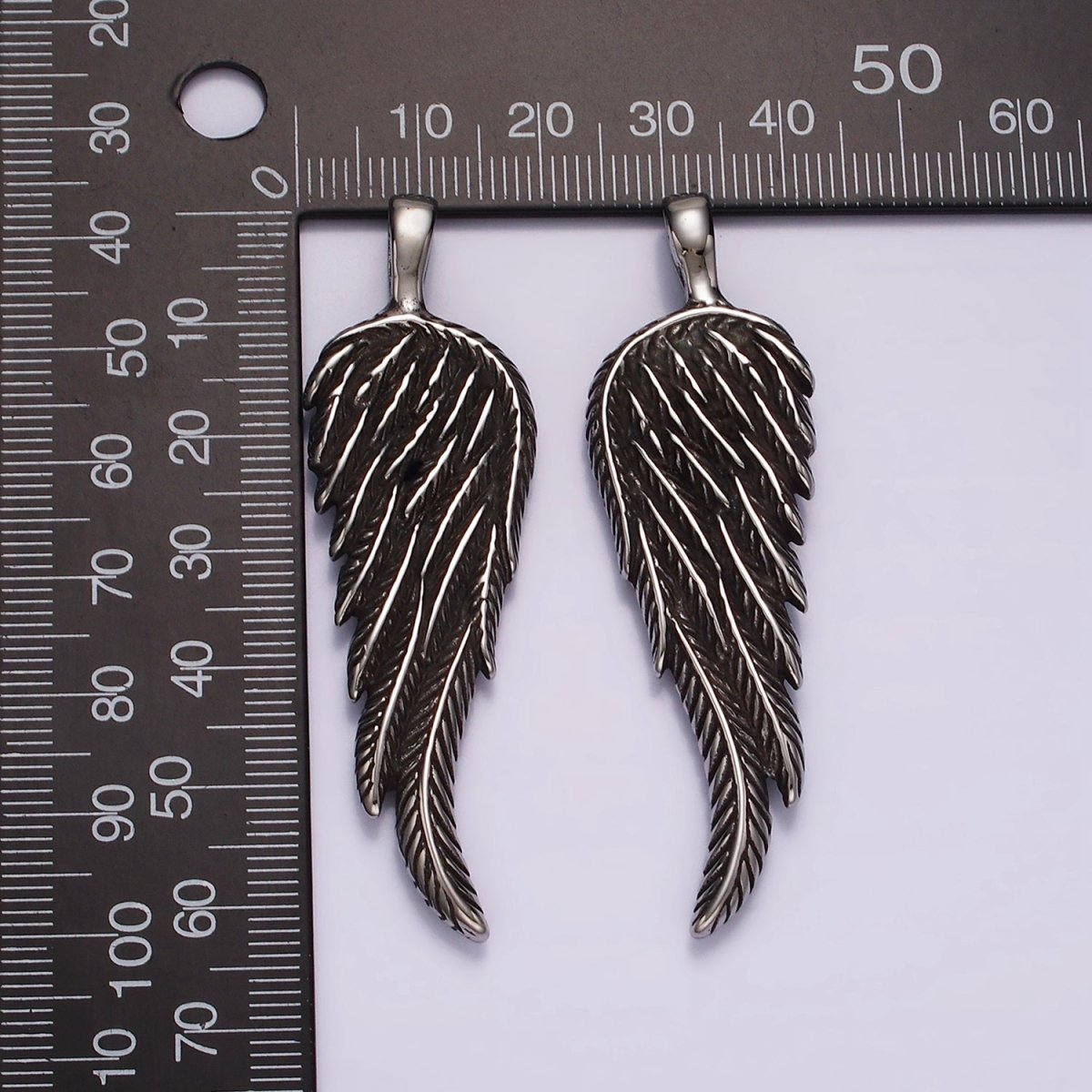 Stainless Steel 65mm Line-Textured Angel Wing Feather Oxidized Pendant | P868 - DLUXCA