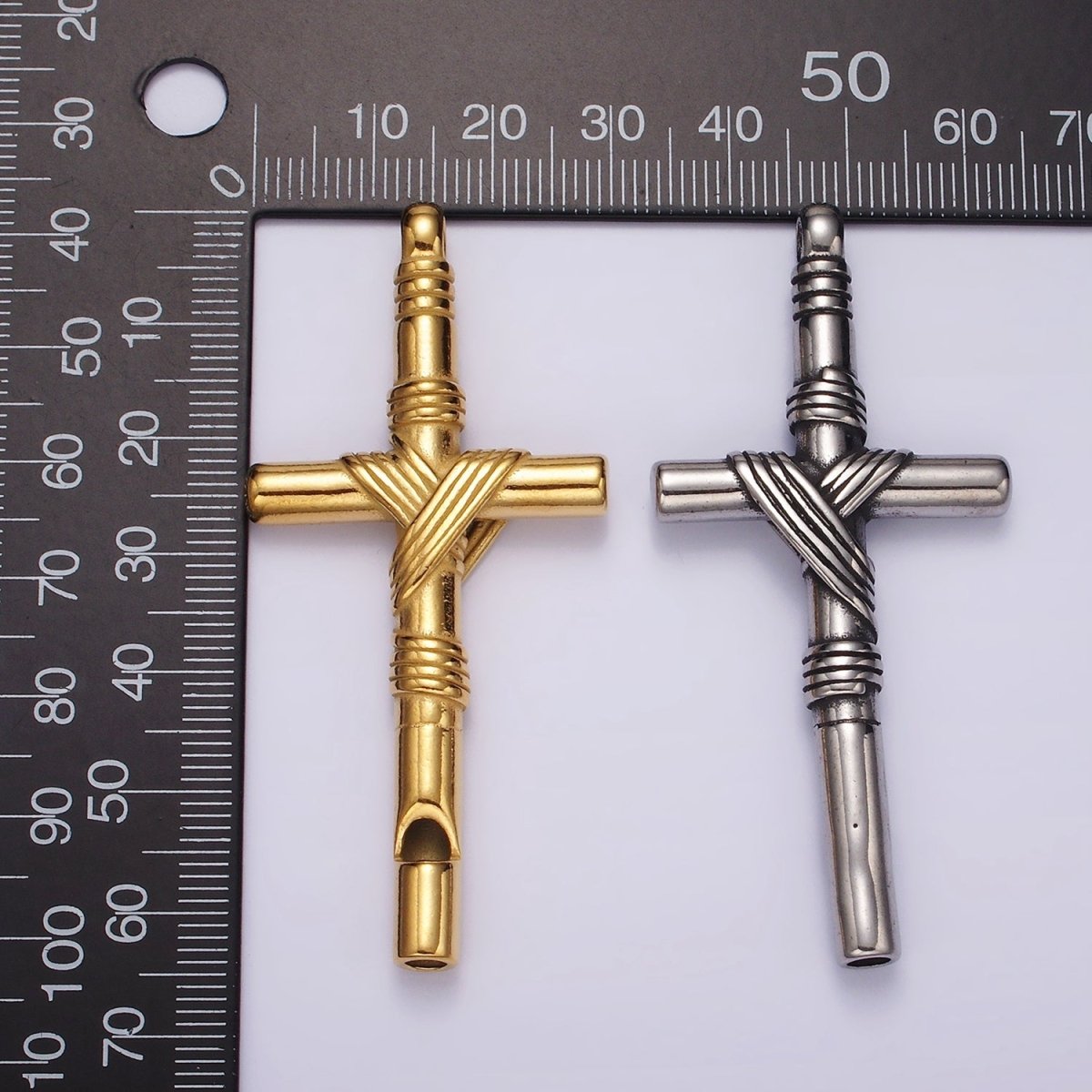 Stainless Steel 65mm Lined Rope Tied Latin Cross Religious Pendant in Gold & Silver | P1363 P1364 - DLUXCA