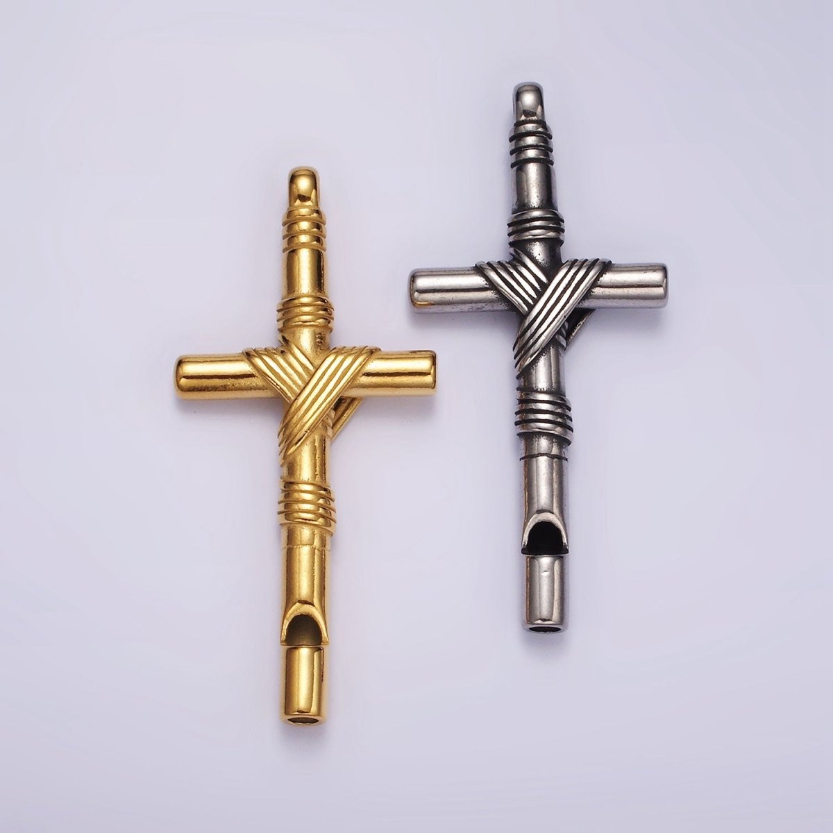 Stainless Steel 65mm Lined Rope Tied Latin Cross Religious Pendant in Gold & Silver | P1363 P1364 - DLUXCA