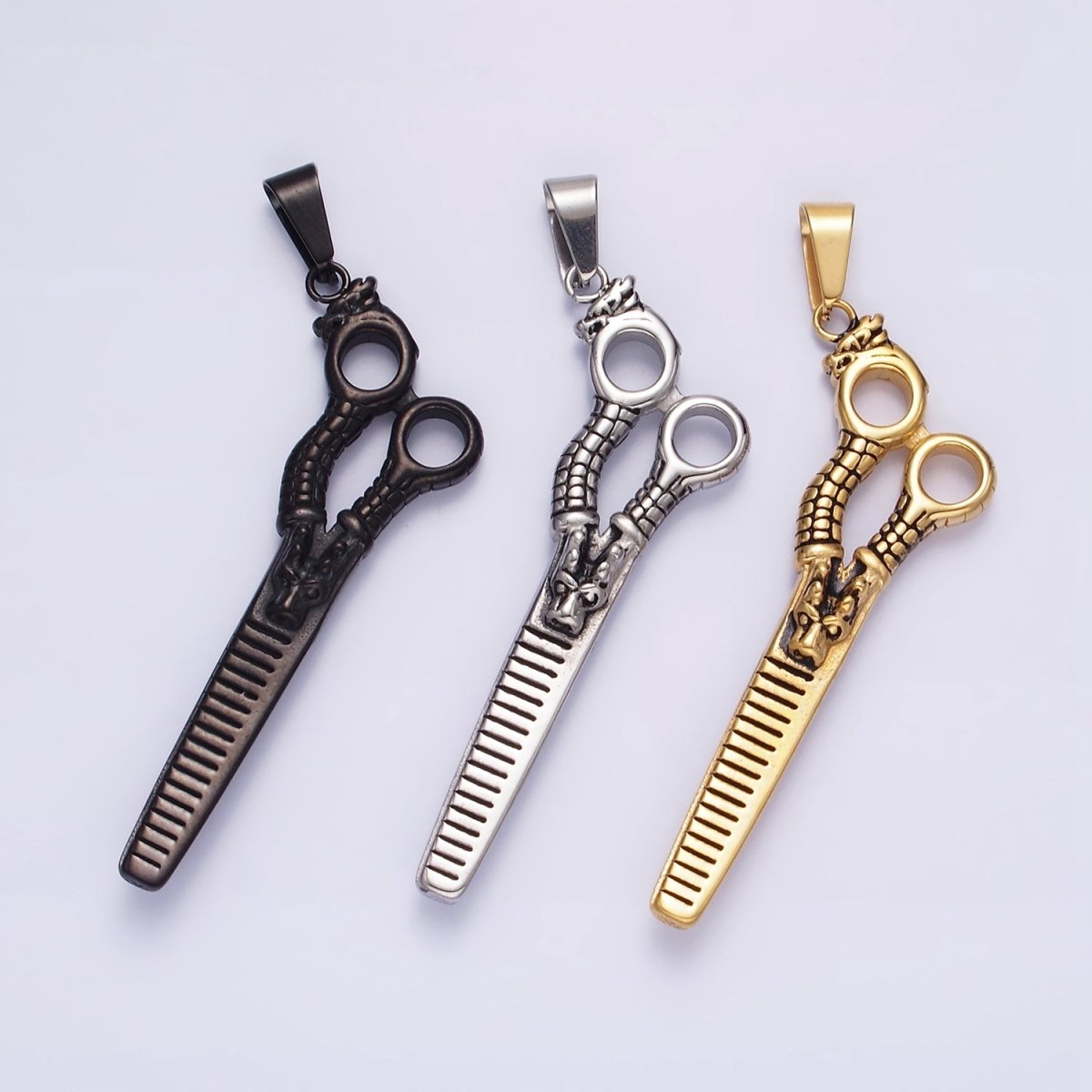 Stainless Steel 67mm Scissors Line-Textured Pendant in Gold, Black, Silver | P-734~P-736 - DLUXCA