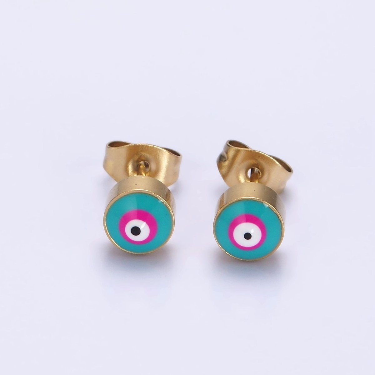 Stainless Steel 6mm Evil Eye Blue-Pink Enamel Round Stud Earrings | AE738 - DLUXCA
