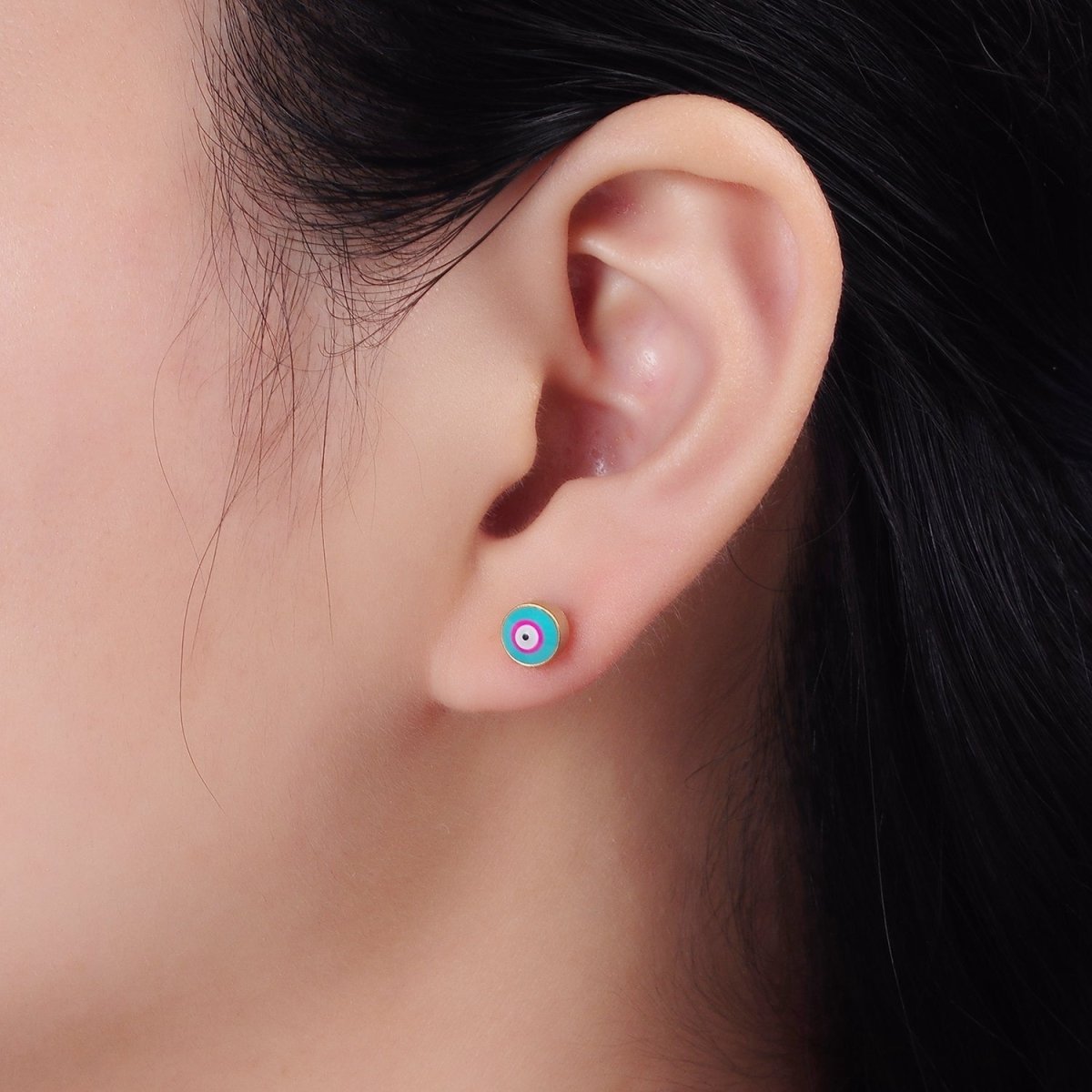 Stainless Steel 6mm Evil Eye Blue-Pink Enamel Round Stud Earrings | AE738 - DLUXCA