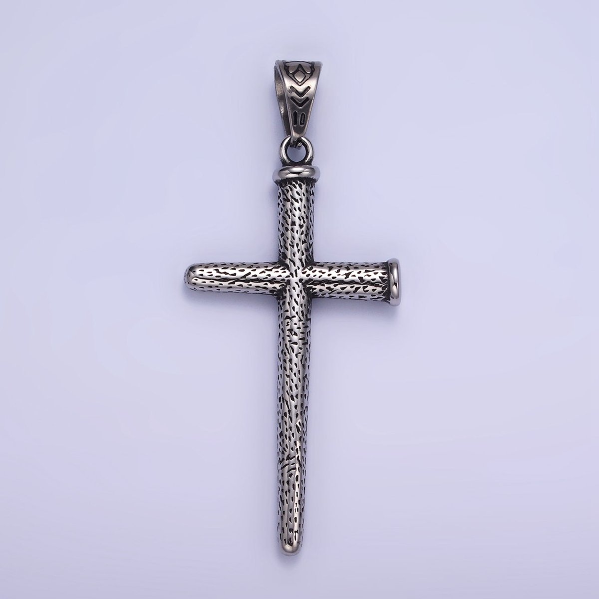 Stainless Steel 74mm Textured Nail Religious Cross Oxidized Silver Pendant | P1413 - DLUXCA