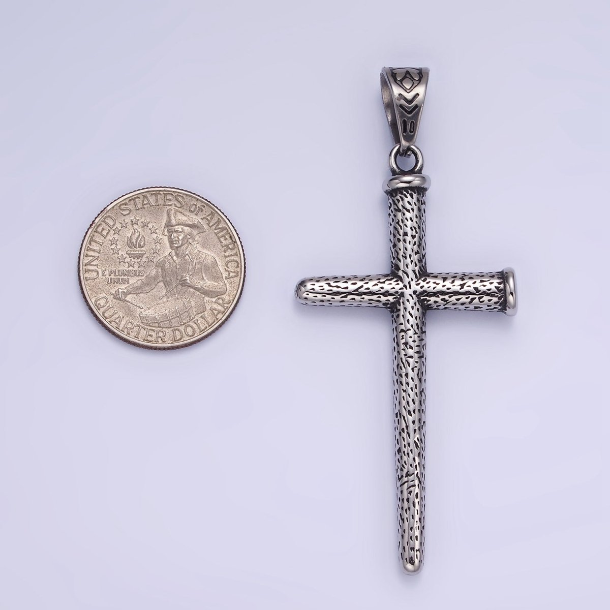 Stainless Steel 74mm Textured Nail Religious Cross Oxidized Silver Pendant | P1413 - DLUXCA