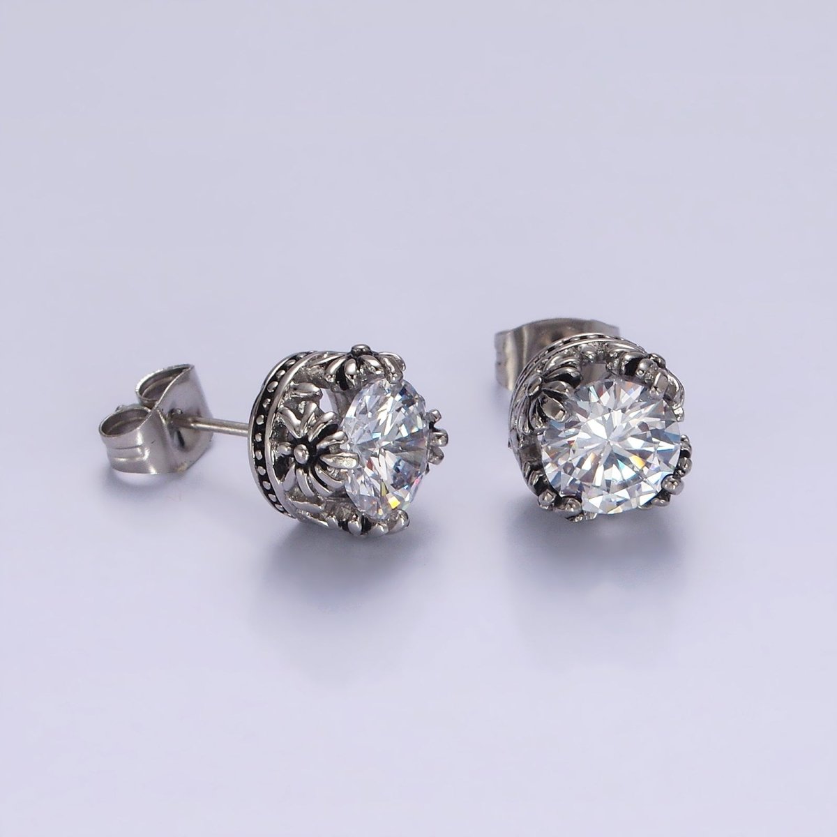 Stainless Steel 8.5mm Clear Round CZ Flower Lined Stud Earrings | AE756 - DLUXCA