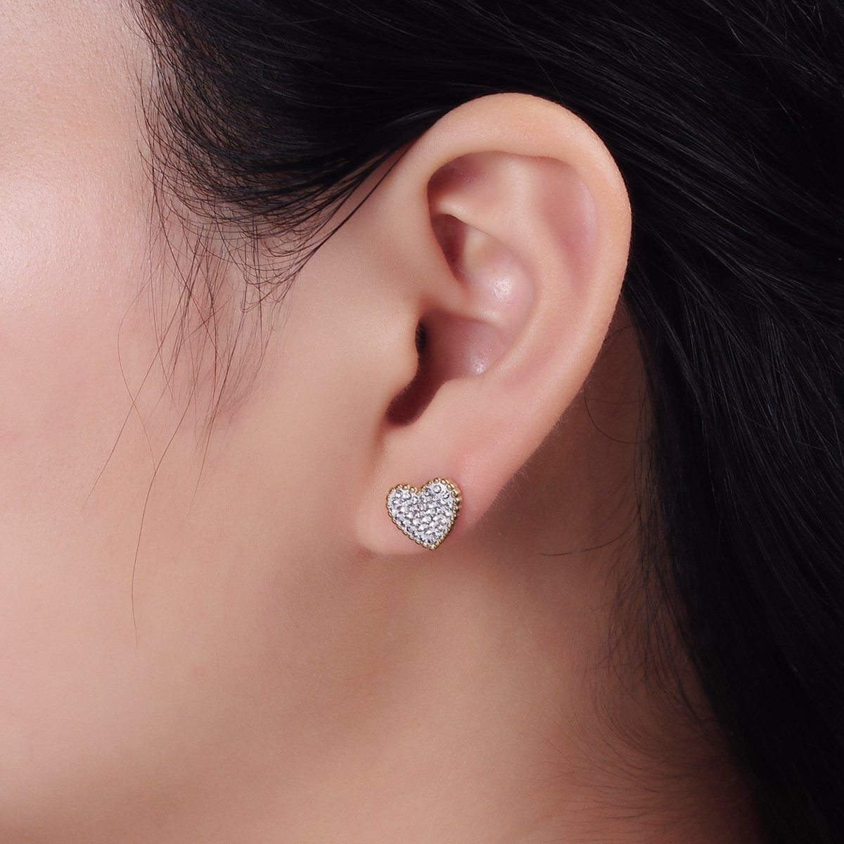 Stainless Steel 9mm Clear Micro Paved CZ White Heart Stud Earrings | AE735 - DLUXCA