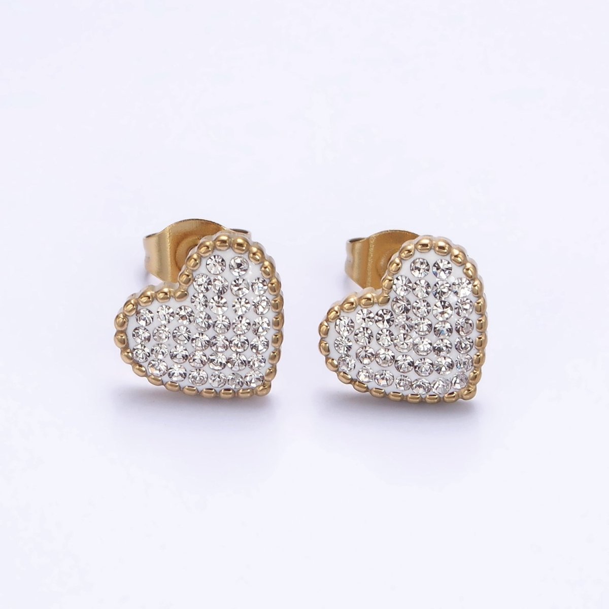 Stainless Steel 9mm Clear Micro Paved CZ White Heart Stud Earrings | AE735 - DLUXCA