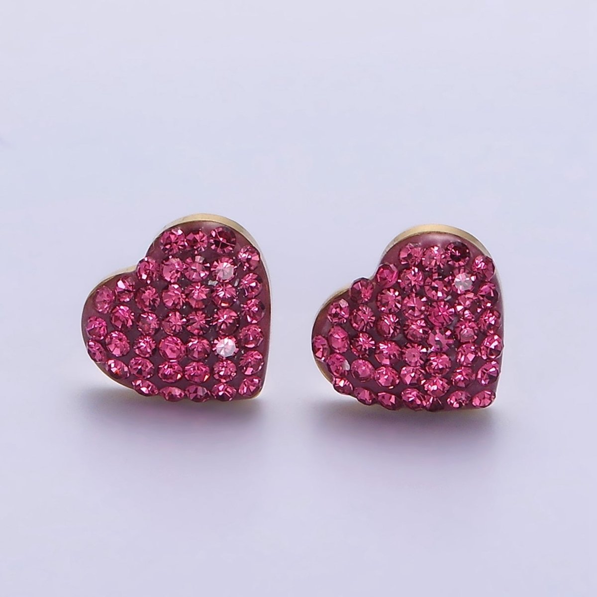 Stainless Steel 9mm Hot Pink Micro Paved CZ Heart Stud Earrings | AE736 - DLUXCA