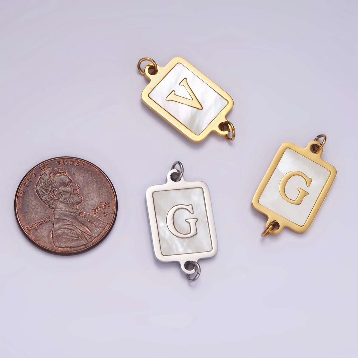 Stainless Steel A-Z Initial Letter Alphabet Shell Pearl Rectangular Gold Connector | A1273 - A1298 - DLUXCA