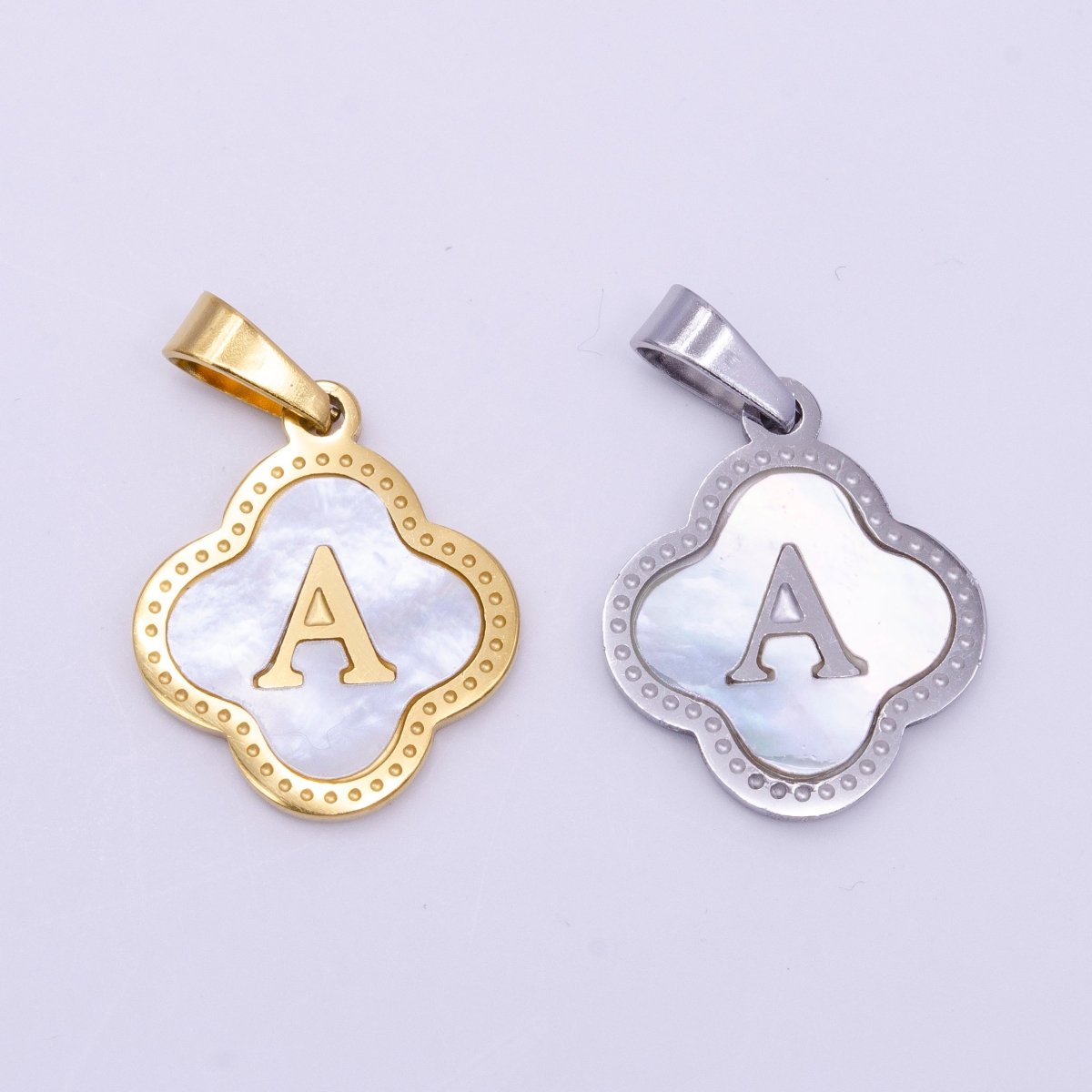 Stainless Steel A-Z Initial Letter Shell Pearl Quatrefoil Clover Gold Pendant | AD677 - AD702 - DLUXCA
