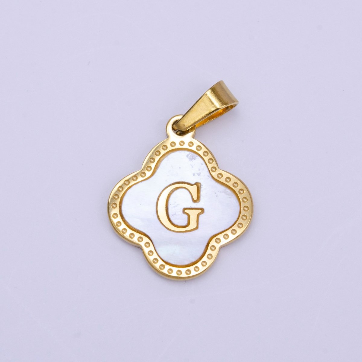 Stainless Steel A-Z Initial Letter Shell Pearl Quatrefoil Clover Gold Pendant | AD677 - AD702 - DLUXCA