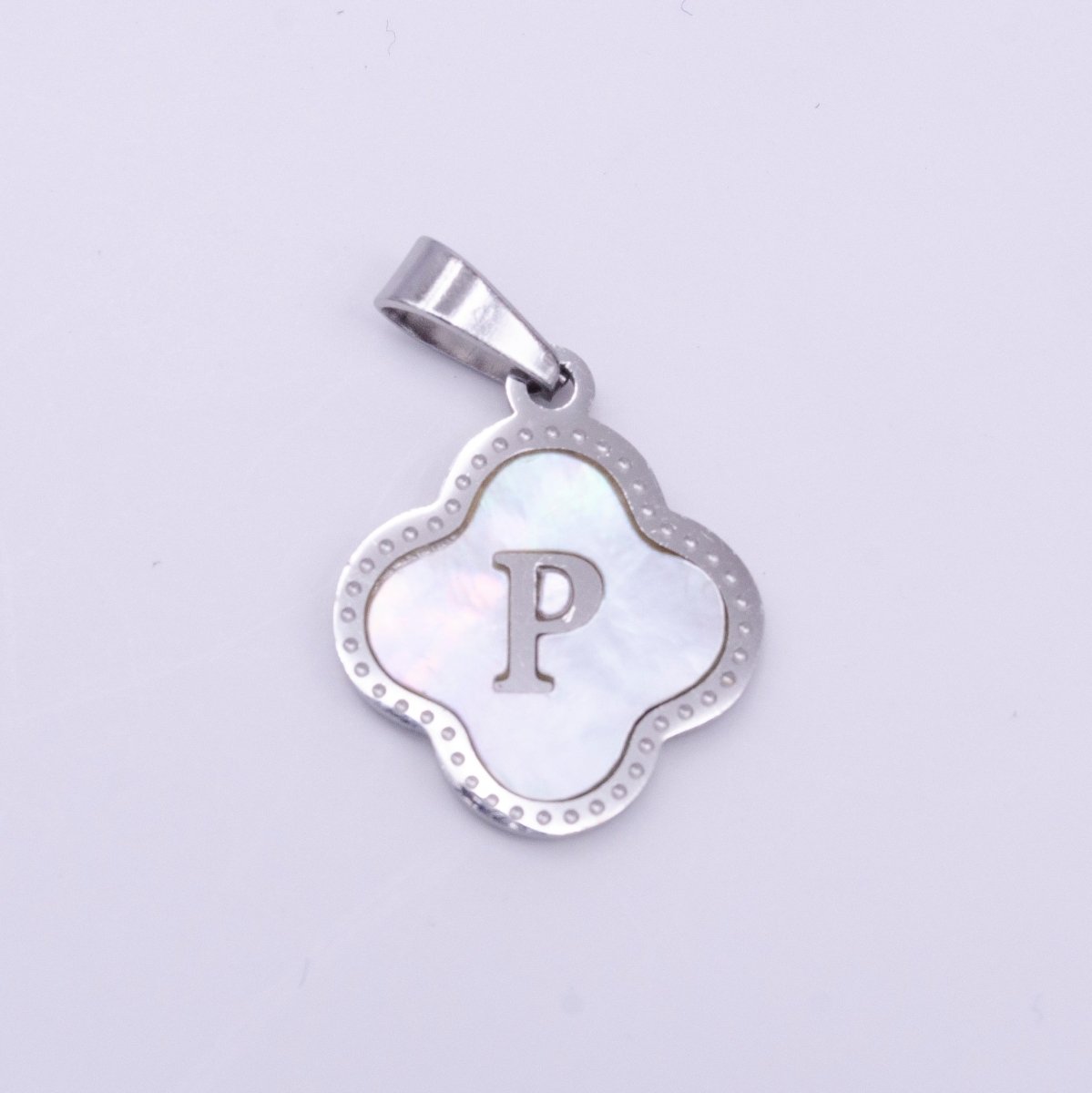 Stainless Steel A-Z Initial Letter Shell Pearl Quatrefoil Clover Silver Pendant Lucky Charm | AD703 - AD728 - DLUXCA