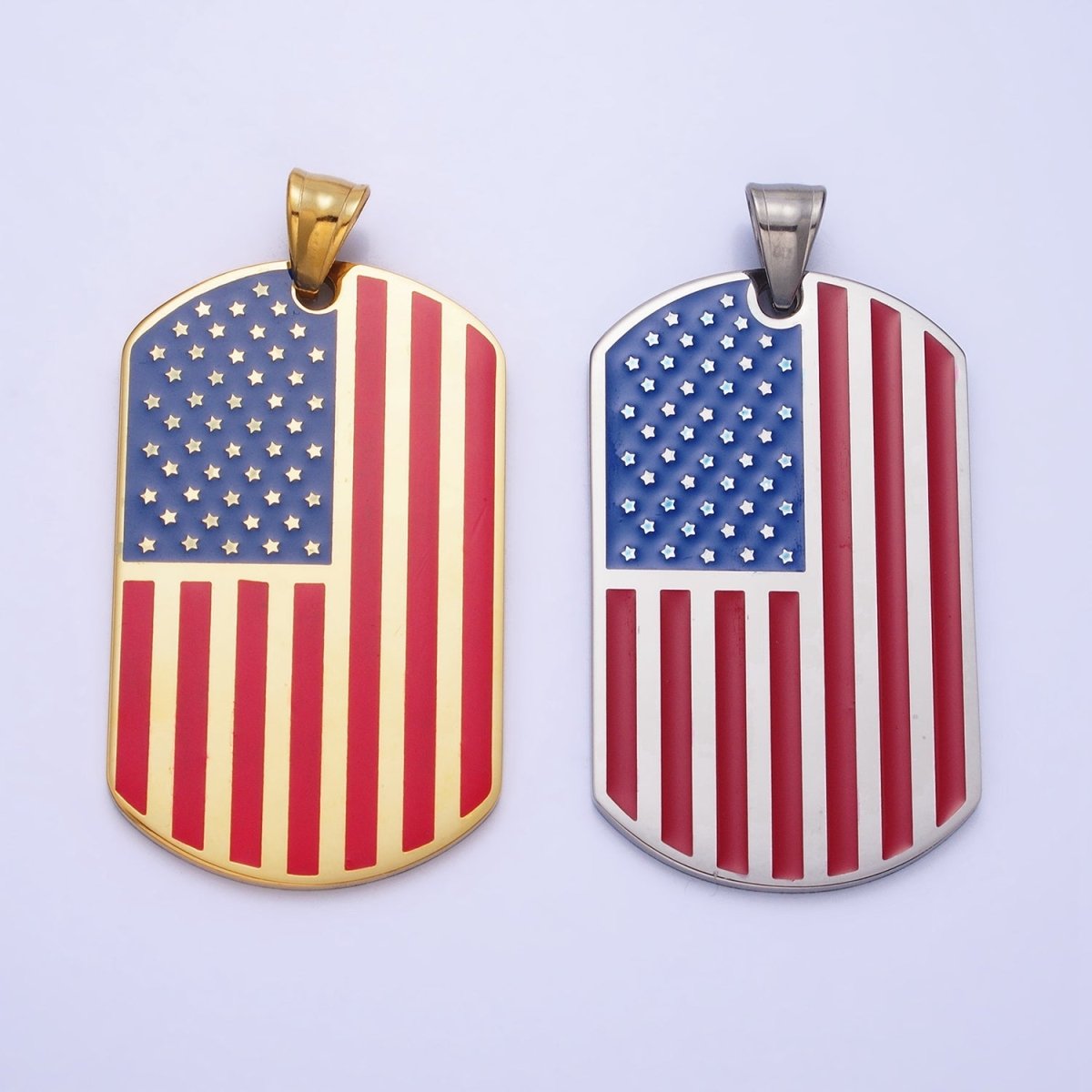 Stainless Steel American Flag Enamel Rectangular Tag Pendant in Gold & Silver | P-1106 - DLUXCA