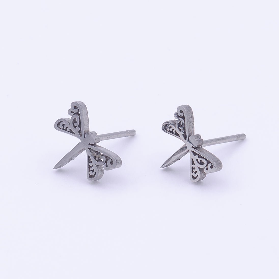 Stainless Steel Artisan Dragonfly Insect Minimalist Silver Stud Earrings | Y-252 - DLUXCA