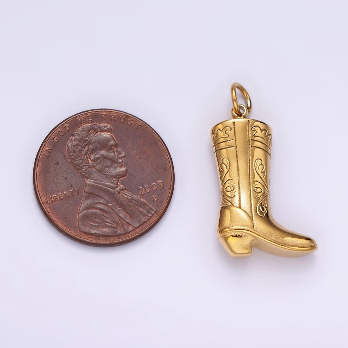 Stainless Steel Artisan Engraved Puffed Cowboy Boots Shoes Charm in Gold & Silver | P1273 P1274 - DLUXCA