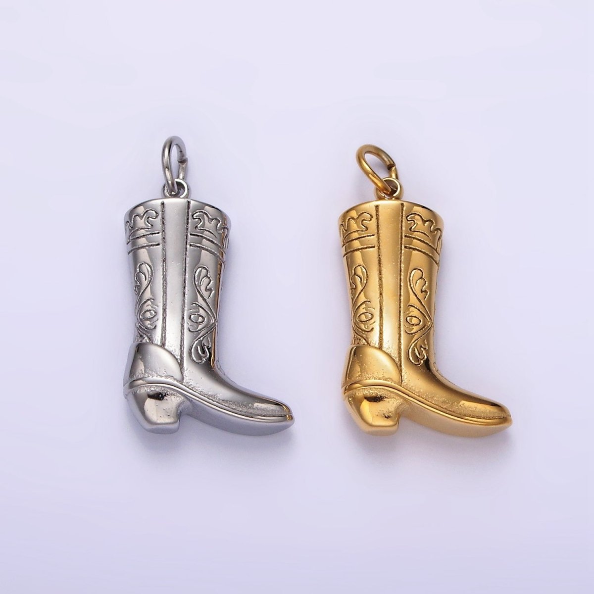 Stainless Steel Artisan Engraved Puffed Cowboy Boots Shoes Charm in Gold & Silver | P1273 P1274 - DLUXCA