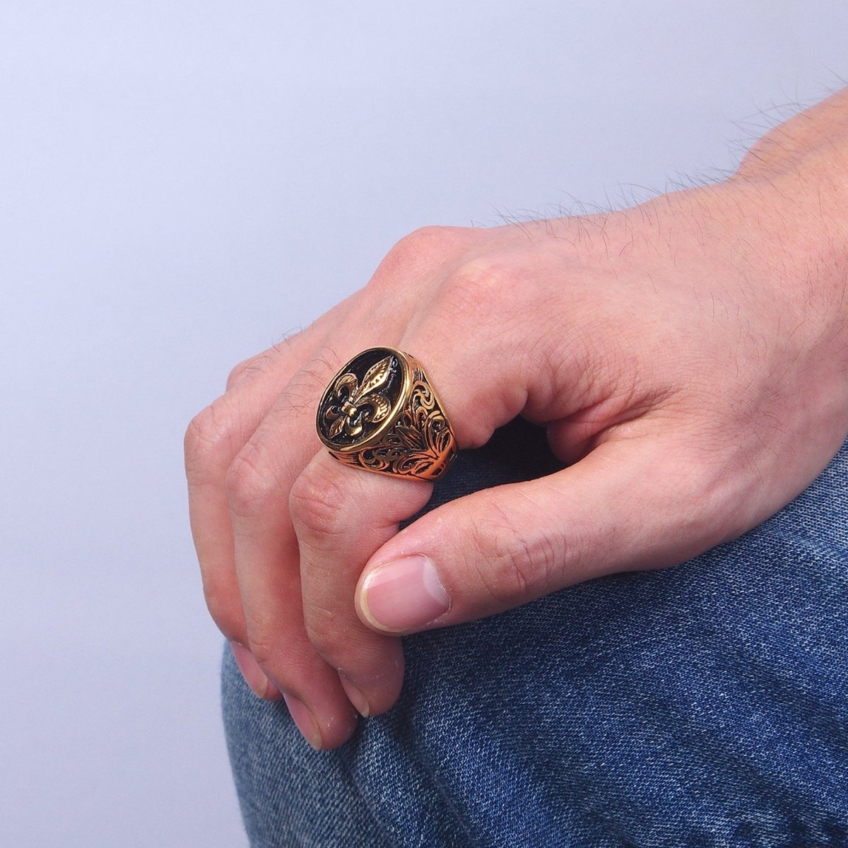 Stainless Steel Artisan Fleur De Lis Signet Ring in Gold & Silver | Y-517 ~ Y-520, Y-537 ~ Y-539 - DLUXCA