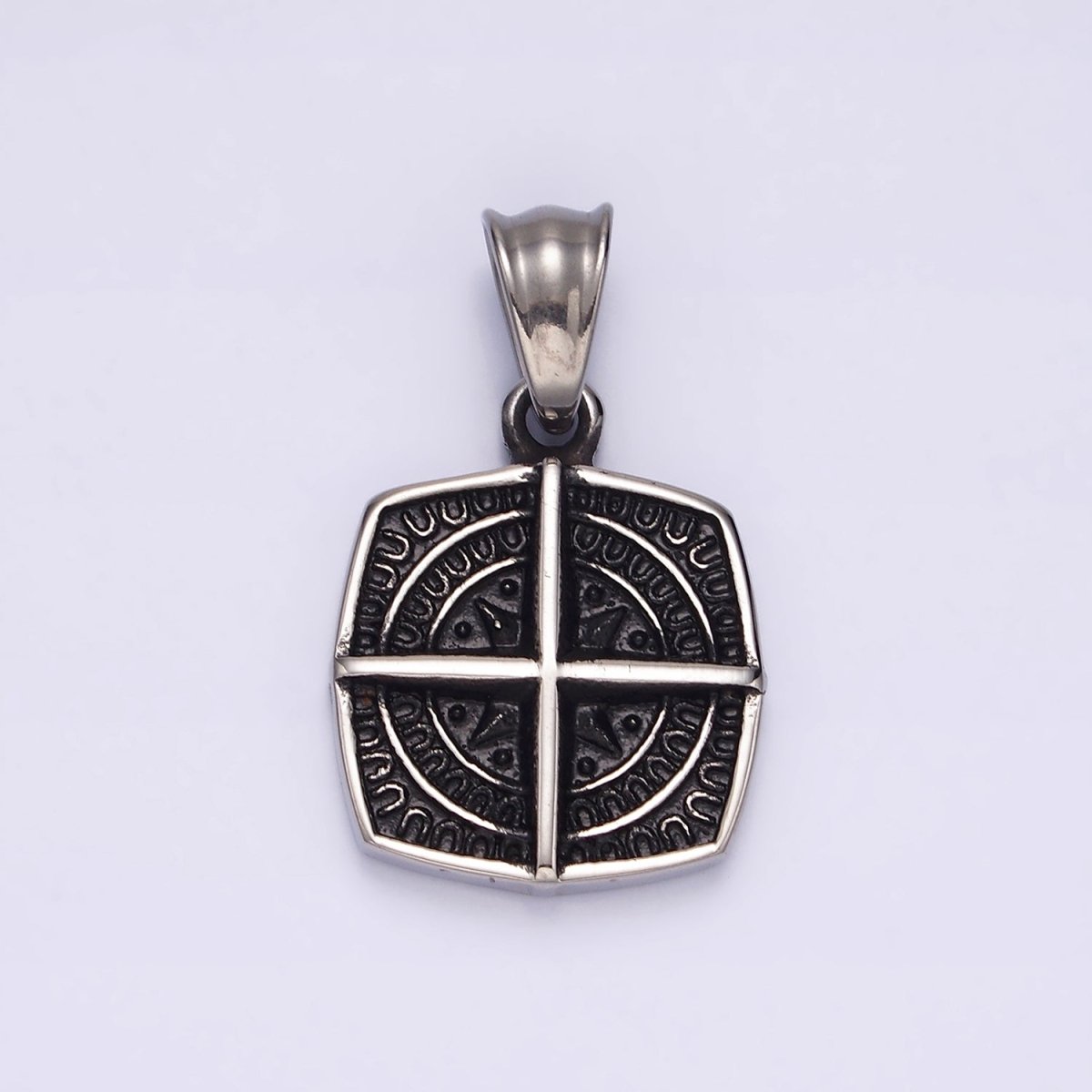 Stainless Steel Bar Celestial Star Rounded Engraved Edged Square Pendant | P-765 - DLUXCA