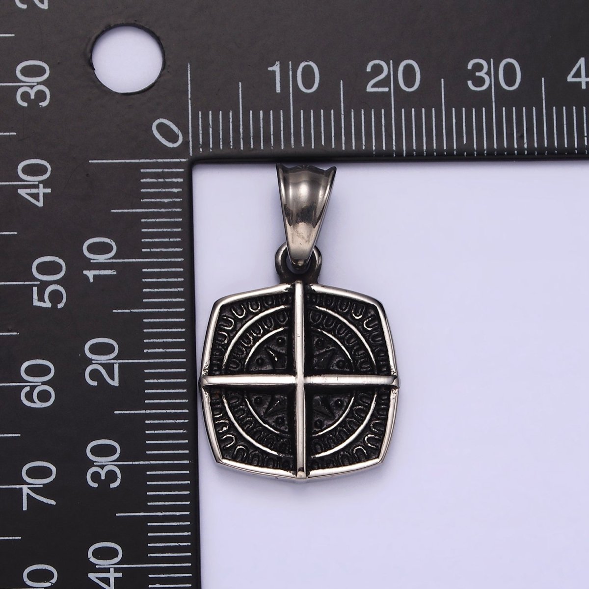 Stainless Steel Bar Celestial Star Rounded Engraved Edged Square Pendant | P-765 - DLUXCA