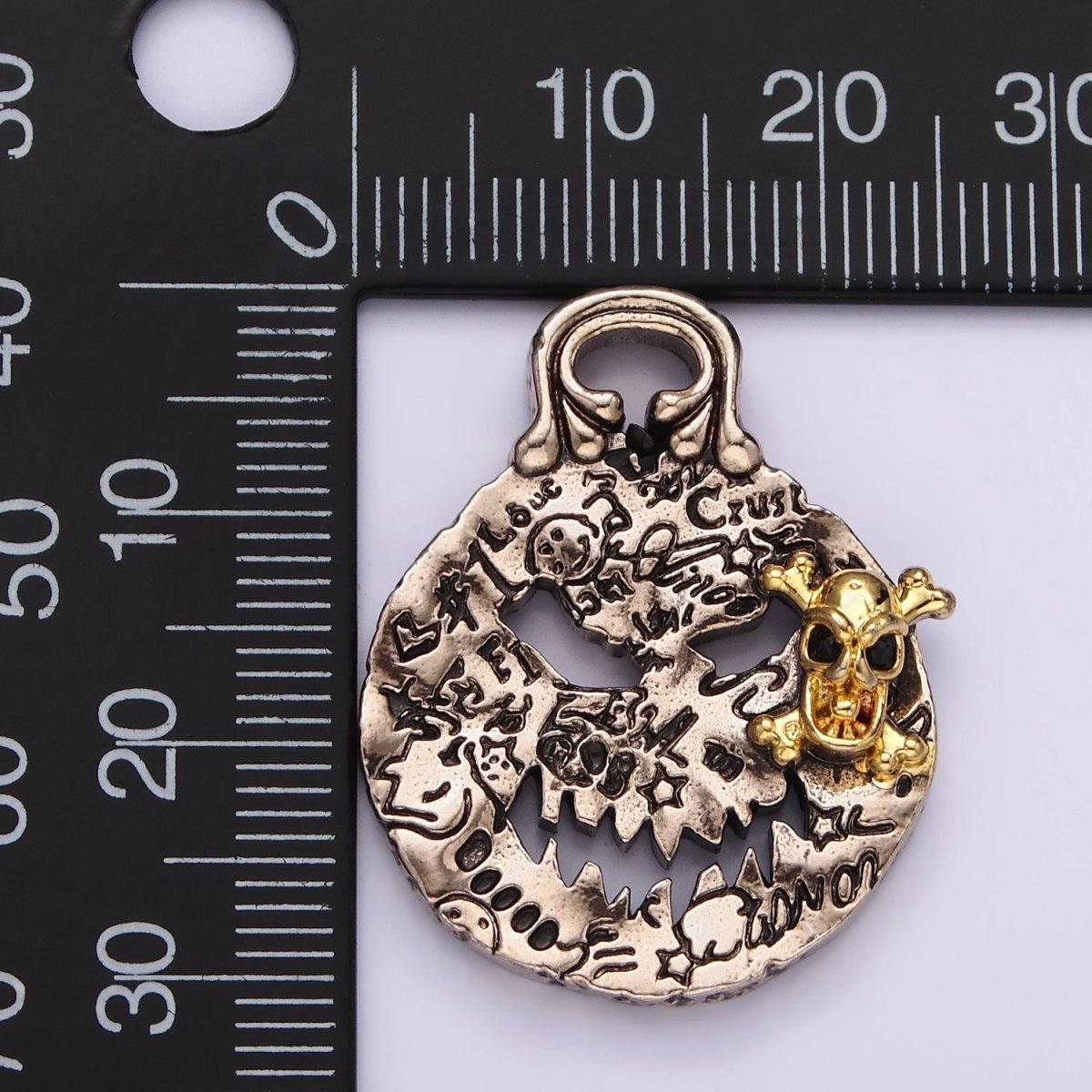 Stainless Steel Black CZ Skull Skeleton Angry Face Engraved Double Sided Open Hammered Mixed Metal Pendant | P-862 - DLUXCA