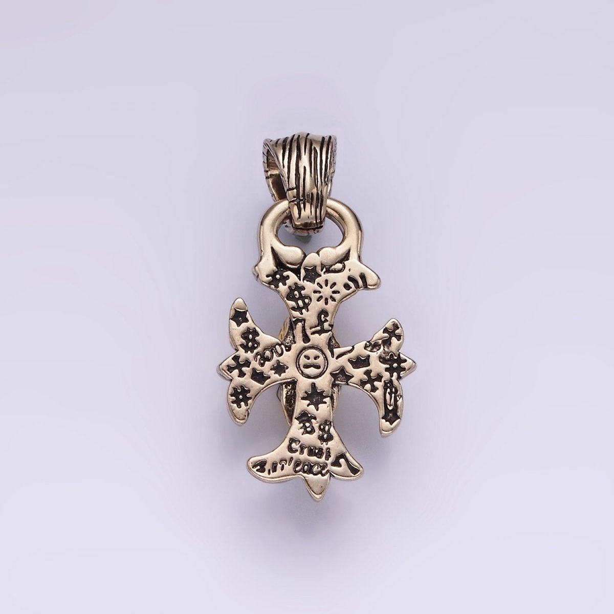 Stainless Steel Black CZ Skull Skeleton Engraved Double Sided Fleury Cross Mixed Metal Pendant | P-860 - DLUXCA