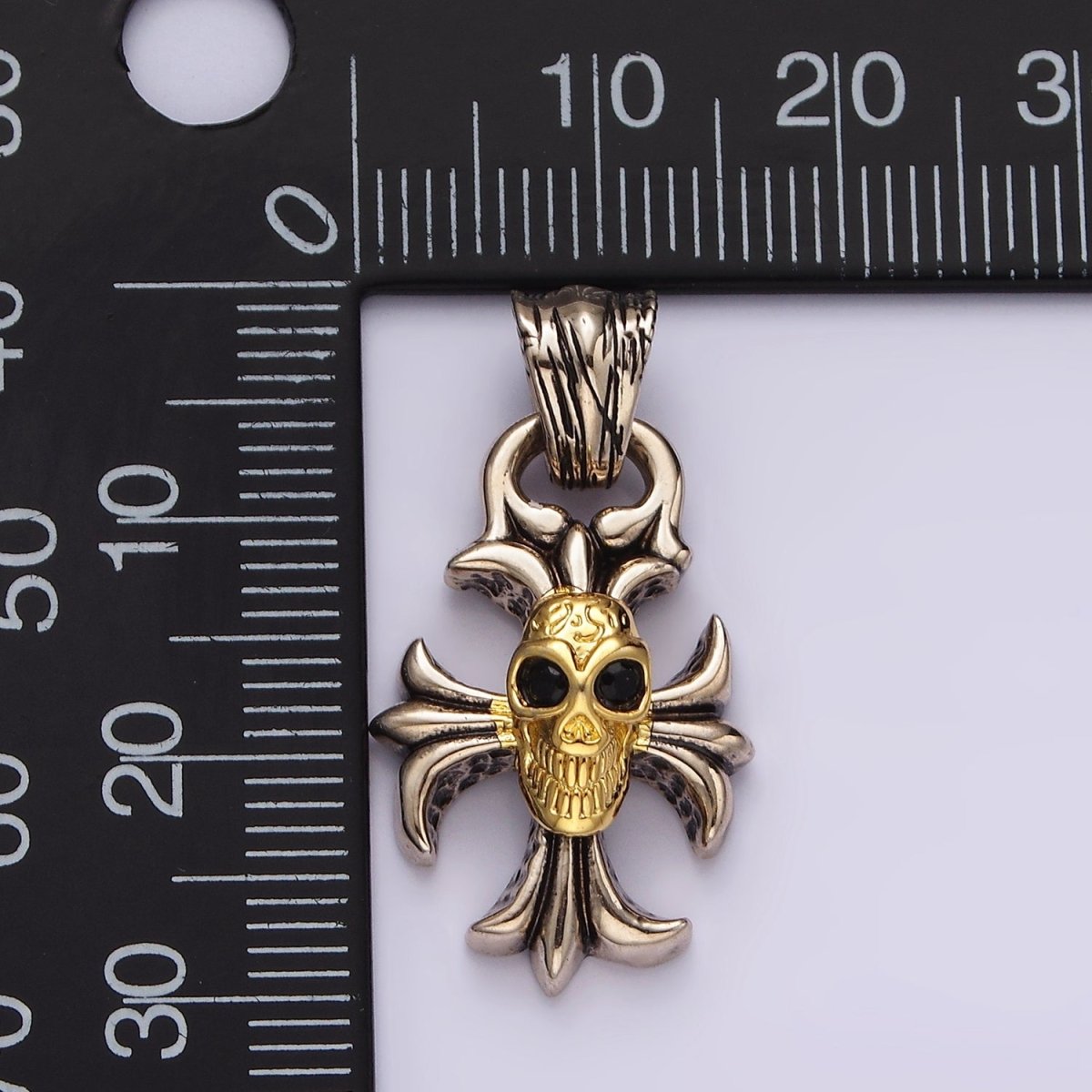 Stainless Steel Black CZ Skull Skeleton Engraved Double Sided Fleury Cross Mixed Metal Pendant | P-860 - DLUXCA