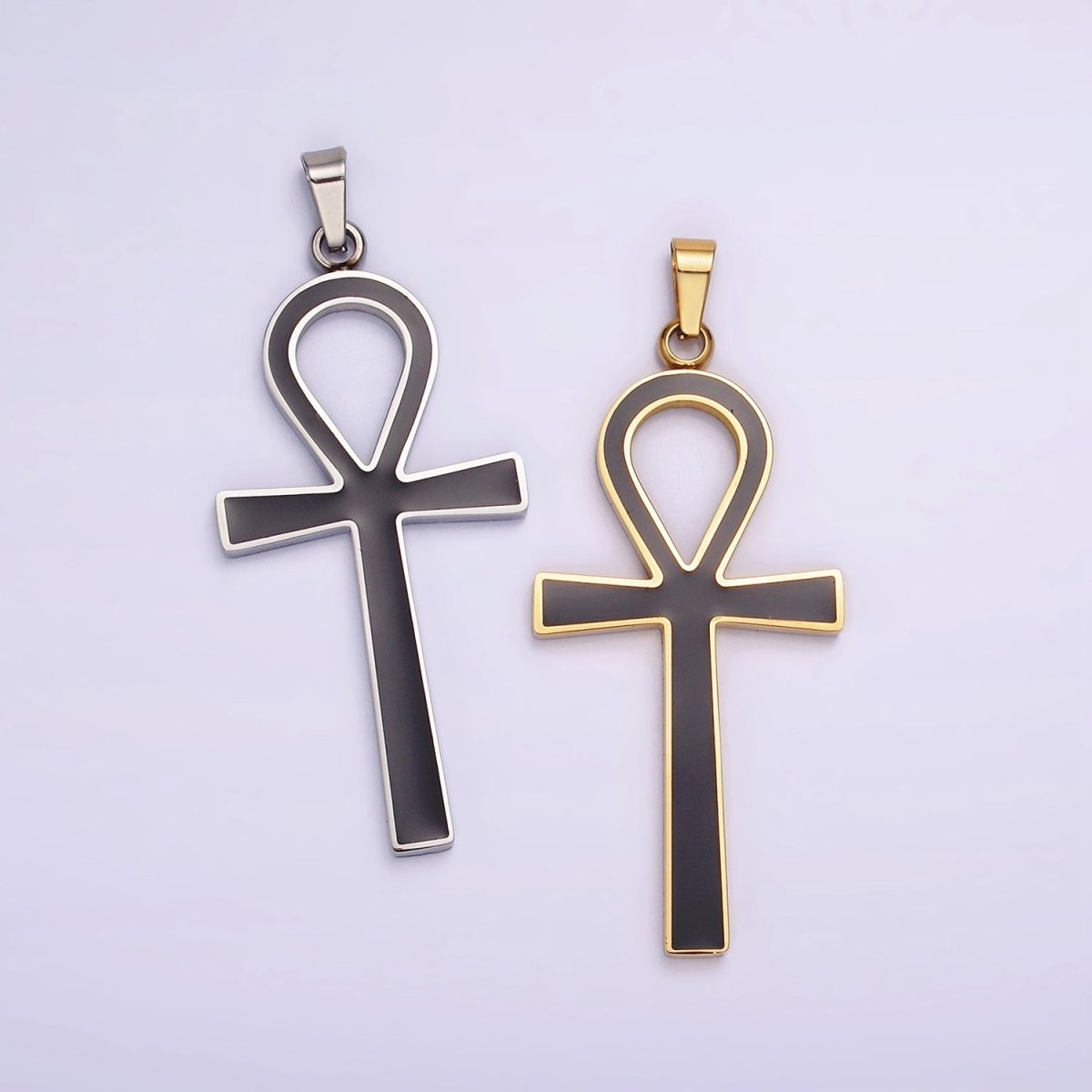 Stainless Steel Black Enamel Lined Egyptian Ankh Cross Pendant in Gold & Silver | P-755 P-756 - DLUXCA